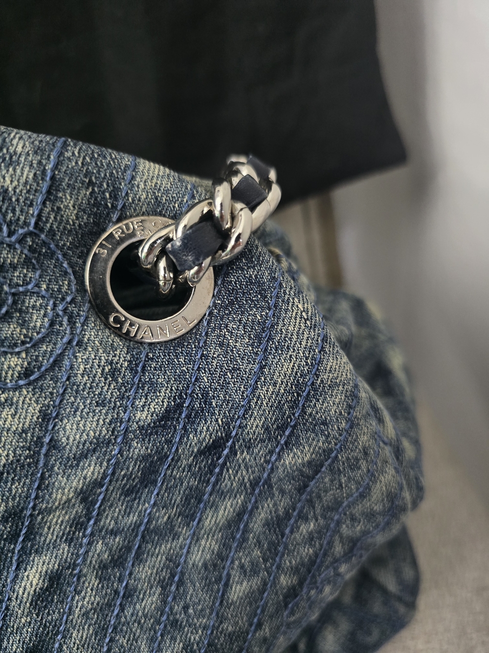 AUTHENTIC Chanel Denim Camellia Just Mademoiselle Bowler Bag - Picture 5 of 16